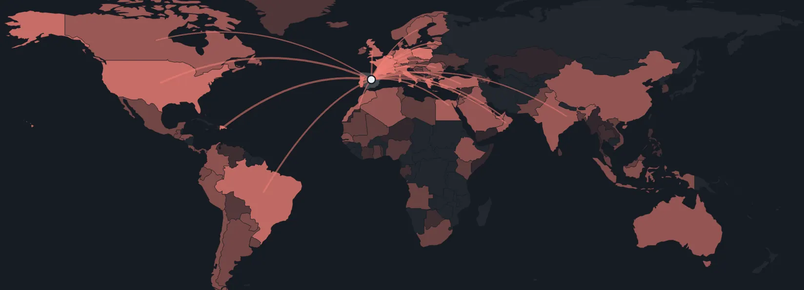 Mapa del mundo con los países más visitados por los aviones oficiales en rojo intenso y líneas desde Madrid